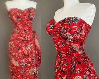Sarong vintage anni '50 Surfriders Deadstcock hawaiano rosso floreale in cotone senza spalline con scollo a cuore - Tiki anni '50 - Taglia media grande taglia 8