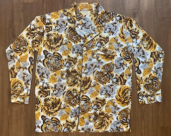 chemise boutonnée vintage des années 1970 à imprimé tigre Elvis - Elvis Presley Print kitsch des années 70 nouveauté punk - imprimé tigre guépard léopard lion Large XL
