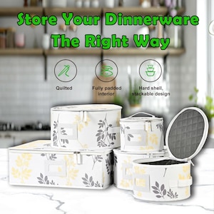 May include: White and gray floral patterned storage containers with the text "Store Your Dinnerware The Right Way". The containers have a quilted design, fully padded interior, and a hard shell stackable design.