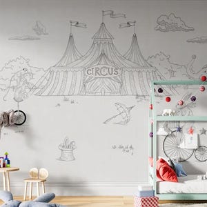 Circus home mural black and white, wallapaper traditional or peel and stick perfect for kids room, wallpapers for kids, rabbit, elephant.