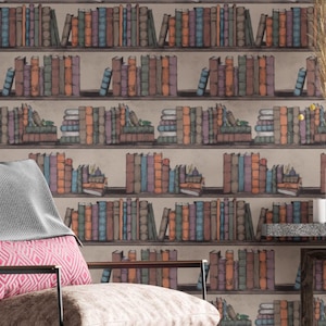 Librerie carta da parati neutra per la casa, tradizionale o autoadesiva, libri colorati effetto naturale, per biblioteche, uffici e camere da letto.