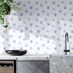 Home-Tapete Muscheln mit Blasen in blauer Farbe, Traditionelle Materialien oder Papier schälen und aufkleben, abnehmbar