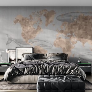 Muurschildering wereldkaart in goud en grijs, verwijderbaar huisbehang, walvissen op de muur. Traditioneel of schil- en plakmateriaal.