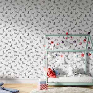 Papier peint amovible Cat Charms monochrome, chats sur mur, pour chambre d'enfant, chambre de bébé. Matériaux traditionnels ou papier autocollant, animaux de compagnie accrochés au mur.