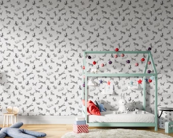 Removable wallpaper Cat Charms monochrome, cats on wall, for kids room, nursery. Traditional materials or peel and stick paper,pets on wall.