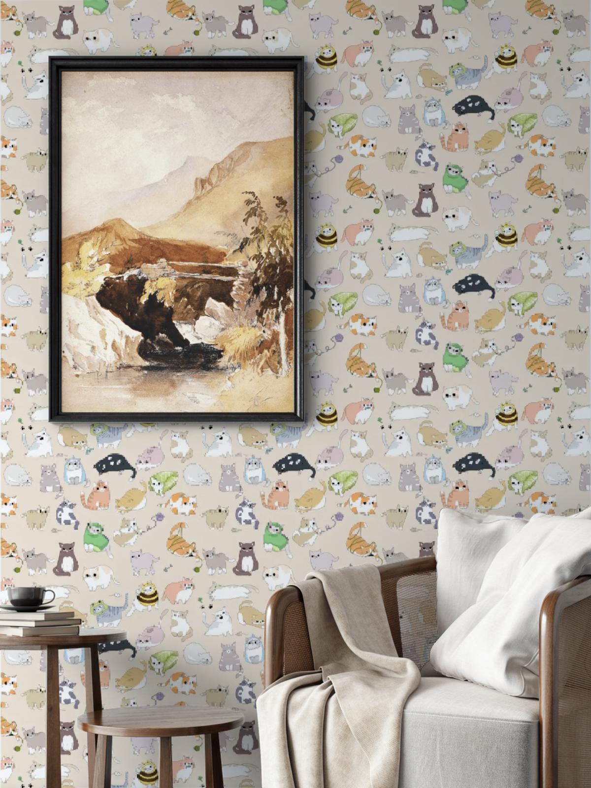 Cats playing home wallpaper for kids removable wallpapers, wall art for kids, animal print, available traditional and peel and stick paper.