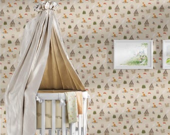 Forest animals kids room removable home wallpaper, funny animals and houses in near forest trees, perfect for nursery and children&#39;s room.
