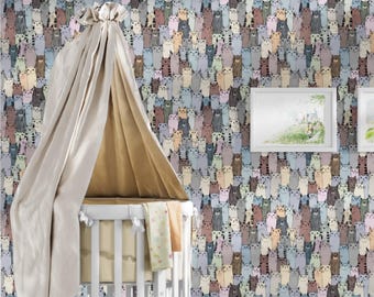 Cat palette home wallpaper, animal category, peel and stick material.Kids room, animal lovers, colored pattern. Pets, kitty cat, removable.