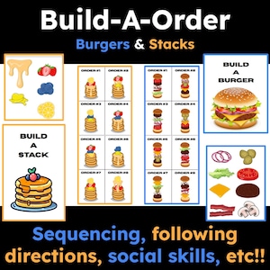 Può includere: Un set di attività educative Build-A-Order Burgers & Stacks con schede illustrate. Include pile di pancake con guarnizioni di frutta, grafici per l'assemblaggio di hamburger e icone di singoli ingredienti come formaggio, pancetta e verdure.