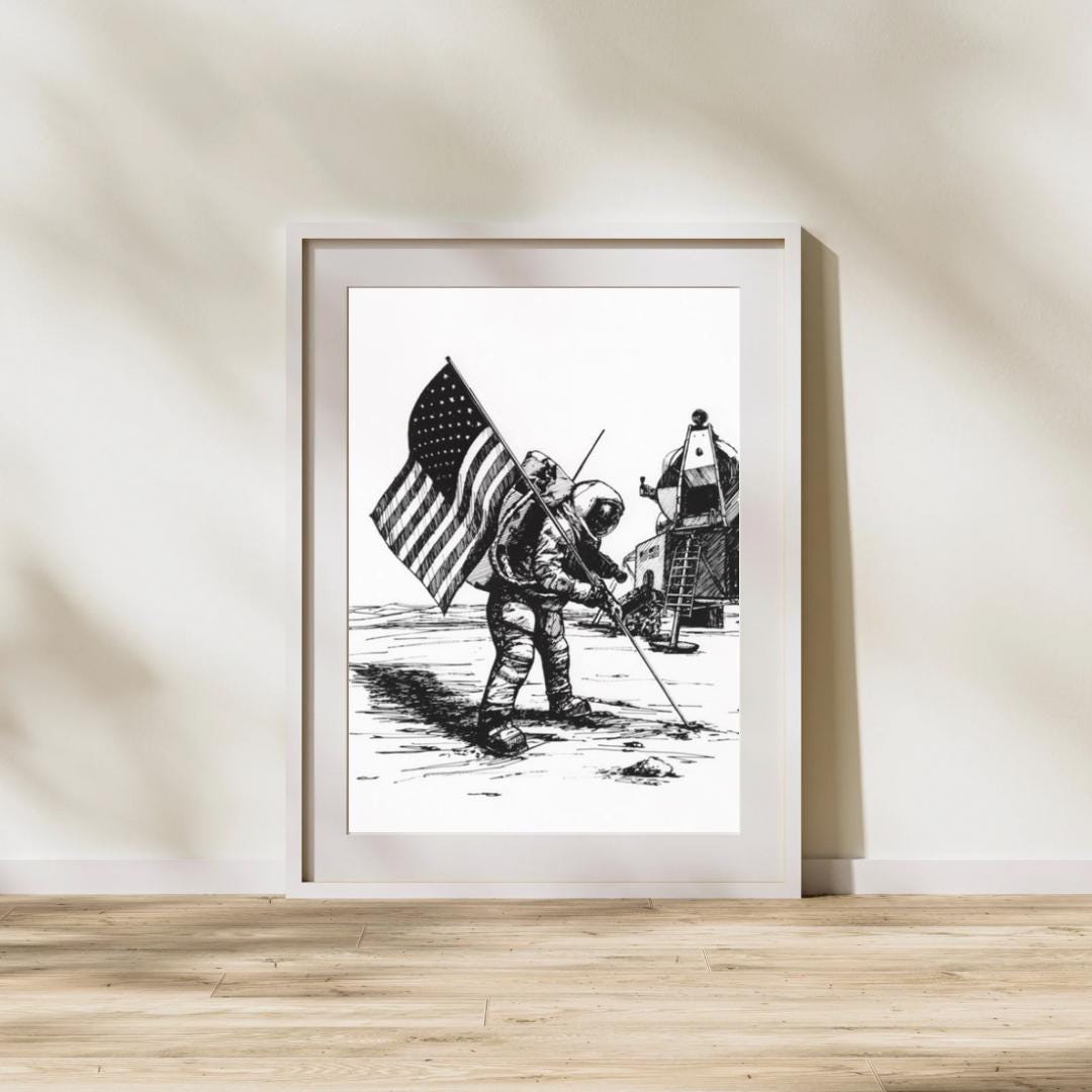Apollo Astronaut Poster – Retro NASA Moon Landing Art – Black and White ...