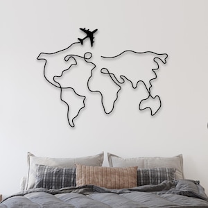 Minimalistische wereldkaart metalen wanddecoratie decor | Wereldkaart met vliegtuig | Metalen muurkunst | Metalen woondecoratie | Wandkleden | Cadeau voor reizigers