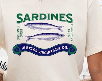Sardine Graphic Tee, Fisherman Aesthetic, Summer Shirt, Tinned Fish, Amalfi Coast, Coastal T Shirt