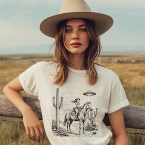 Cosmic Cowgirl TShirt, UFO Western Graphic Tee, Retro Space Cowgirl Shirt, Bella Canvas Tee image 2