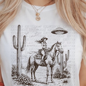 Cosmic Cowgirl TShirt, UFO Western Graphic Tee, Retro Space Cowgirl Shirt, Bella Canvas Tee image 1