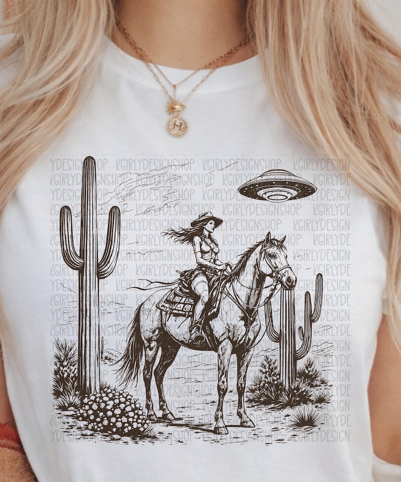 Cosmic Cowgirl TShirt, UFO Western Graphic Tee, Retro Space Cowgirl Shirt, Bella Canvas Tee image 1