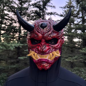 Oni Demon Red Mask | 3D Printed & Hand-Painted | Japanese Mythology Inspired Cosplay Mask | Wearable