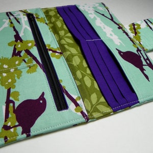 Handmade vegan Long Wallet BiFold Clutch Sparrows in Plum Mint or half size unisex wallet Gifts under 50gifts under 50 image 4