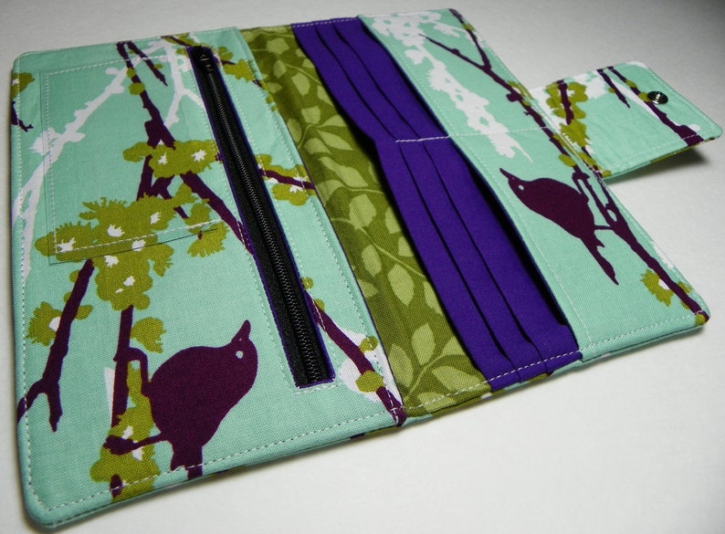 Handmade vegan Long Wallet BiFold Clutch Sparrows in Plum Mint or half size unisex wallet Gifts under 50gifts under 50 image 4