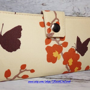 Handmade Long Wallet  BiFold Clutch - Vegan Wallet - Ginseng Orchid in Ivory or half size unisex walletgifts under 50