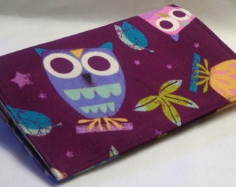 Robert Kaufman's On a Whim owl fabric checkbook cover or walletgifts under 50