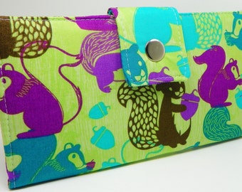 SALE - Handmade Long Vegan Wallet  BiFold Clutch -Woodland Nutty Squirrels GREEN PURPLE or half size unisex walletgifts under 50