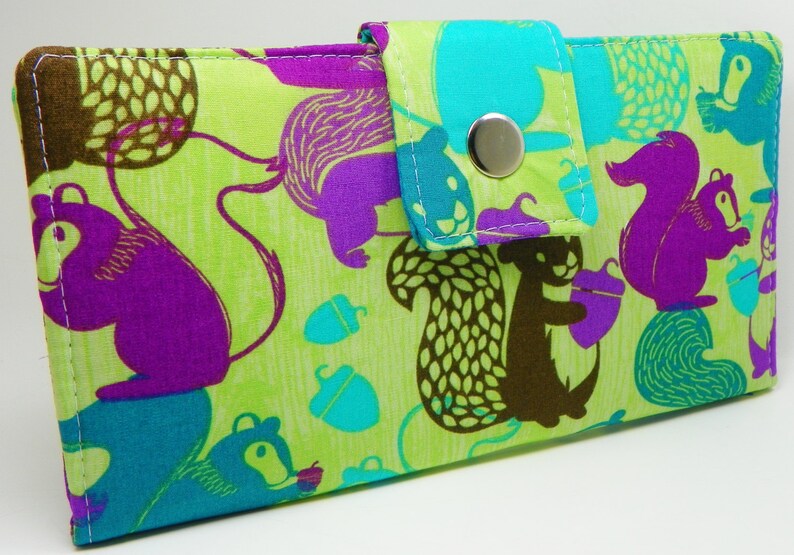 Handmade Long Vegan Wallet BiFold Clutch Woodland Nutty Squirrels GREEN PURPLE or half size unisex walletgifts under 50 SALE