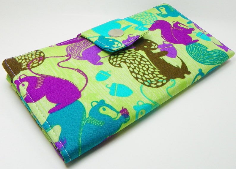 Handmade Long Vegan Wallet BiFold Clutch Woodland Nutty Squirrels GREEN PURPLE or half size unisex walletgifts under 50 SALE