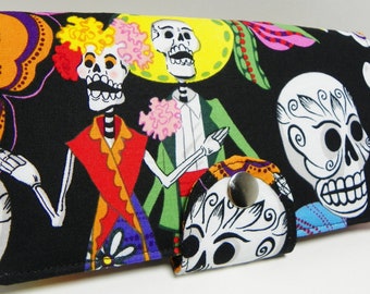 Folklorico Los Novios Skulls Day of the dead - Vegan Wallet - Handmade Long Wallet  BiFold Clutch or half size unisex walletgifts under 50