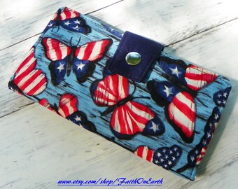 SALE Patriotic Handmade Long Wallet  BiFold Clutch - Vegan Wallet - American flag Butterfly wallet or half size unisex wallet gifts under 50