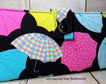 Umbrella Handmade Long Wallet BiFold Clutch - Vegan Wallet -  Umbrella wallet or half size unisex wallet Gifts under 50gifts under 50