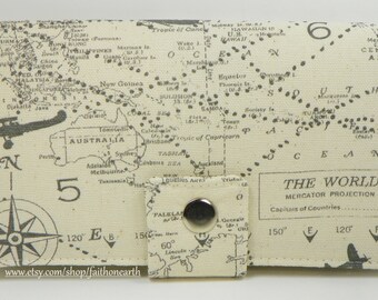 Handmade Long Wallet  BiFold Clutch - Air Travel Vintage Map