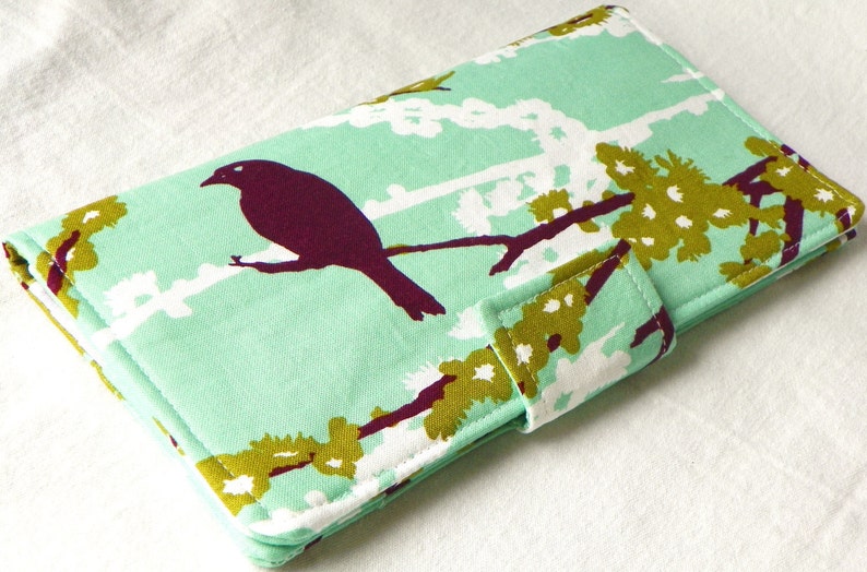 Handmade vegan Long Wallet BiFold Clutch Sparrows in Plum Mint or half size unisex wallet Gifts under 50gifts under 50 image 1