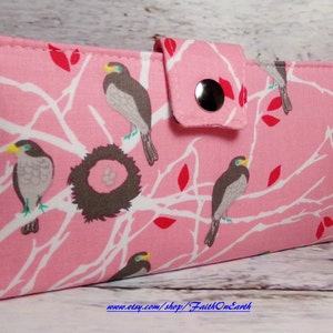 SALE - Handmade Long Wallet  BiFold Clutch- Vegan Wallet - Cottage Birds in pink or half size unisex walletgifts under 50