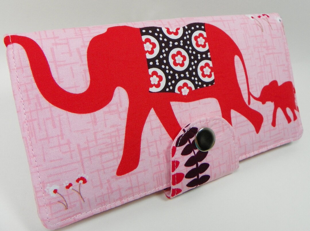 Pink Elephant Handmade Long Wallet Bifold Clutch Vegan Wallet Pink