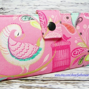 SALE - Handmade Long Wallet  BiFold Clutch - Vegan Wallet - Pink Peacocks and Bird Cages or half size unisex walletgifts under 50