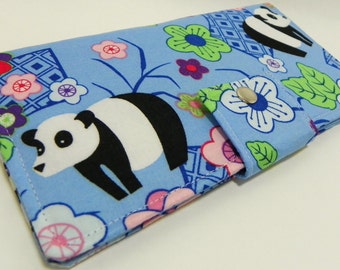 Japaneses pandas in blue - Handmade Long Wallet  BiFold Clutch or half size unisex walletgifts under 50