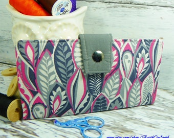 Handmade Long Wallet  BiFold Clutch Vegan Wallet - Feather Floral Wallet in pinks and grays or half size unisex walletgifts under 50