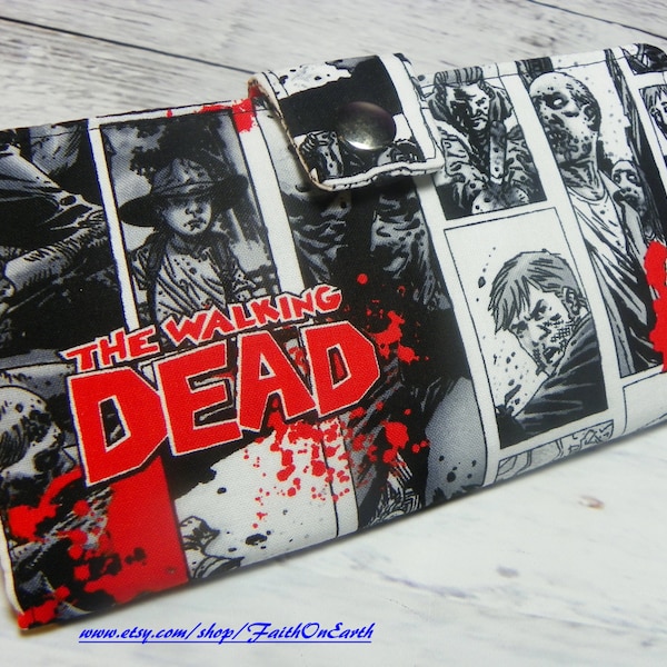 VENTE TWD Handmade Long fandom geek Wallet - Portefeuille végétalien - Walking Dead Comic Wallet ou portefeuille unisexe demi-taille Cadeaux de moins de 50 ans