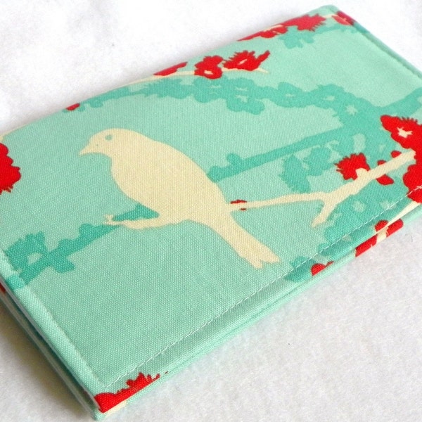 Sparrows in Aqua Handmade Vegan checkbook cover / wallet  Aviary 2gifts under 50