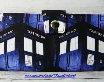 Handmade fandom geek Wallet  BiFold Clutch - Vegan Wallet - Doctor Who stacked allover Tardis or half size unisex wallet gifts under 50