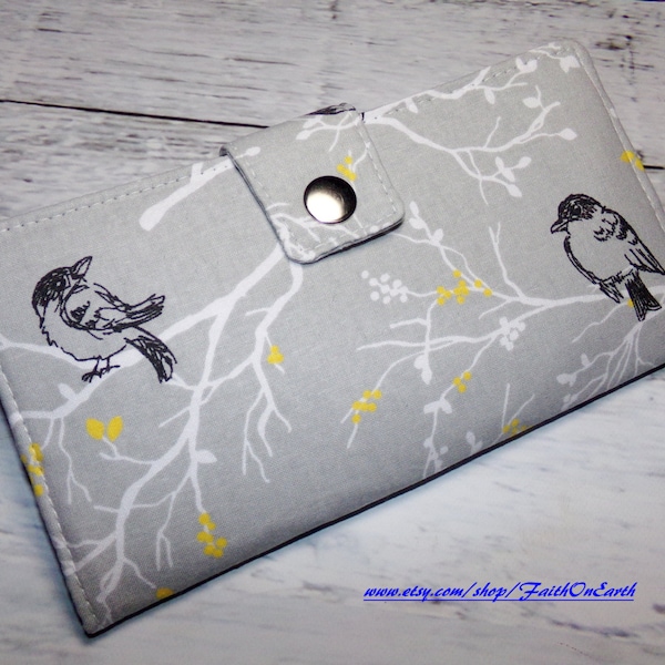 SALE - Handmade Long Wallet  BiFold Clutch- Vegan Wallet Birds nesting in trees silhouette in Gray or half size unisex wallet gifts under 50