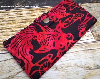 Red and black batik Asian Koi wallet - Handmade Long Wallet BiFold Clutch koigifts under 50