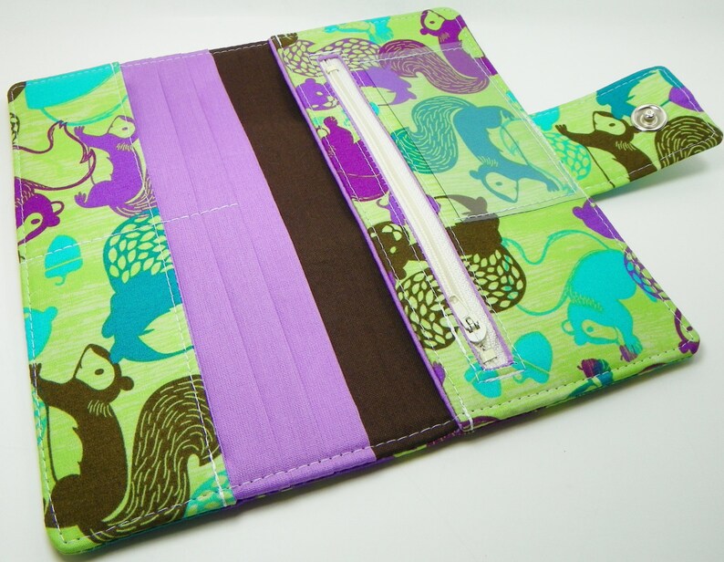 Handmade Long Vegan Wallet BiFold Clutch Woodland Nutty Squirrels GREEN PURPLE or half size unisex walletgifts under 50 SALE