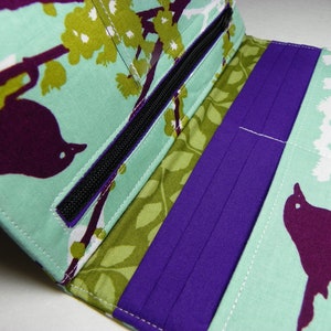 Handmade vegan Long Wallet BiFold Clutch Sparrows in Plum Mint or half size unisex wallet Gifts under 50gifts under 50 image 3