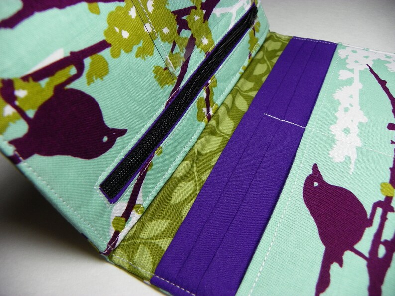 Handmade vegan Long Wallet BiFold Clutch Sparrows in Plum Mint or half size unisex wallet Gifts under 50gifts under 50 image 3