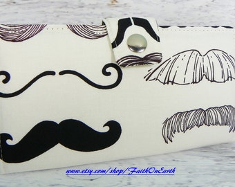SALE - Moustache Handmade vegan Long Wallet  BiFold Clutch - Moustache or half size unisex walletgifts under 50