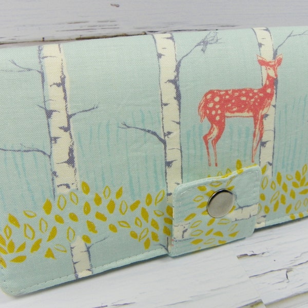 Deer Handmade Long Wallet  BiFold Clutch - Vegan Wallet -  Fawn in Birch Blue