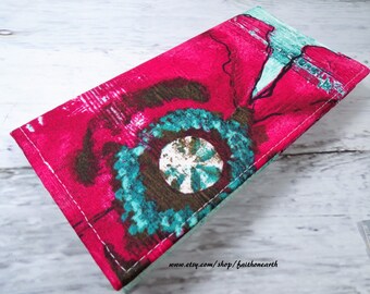 Giant distressed red poppy in teal Handmade Vegan checkbook cover / walletgifts under 50