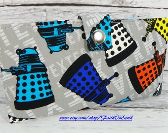 Sale - Handmade vegan fandom geek Wallet  BiFold  - Daleks EXTERMINATE ON GRAY - dr who wallet or half size unisex wallet gifts under 50