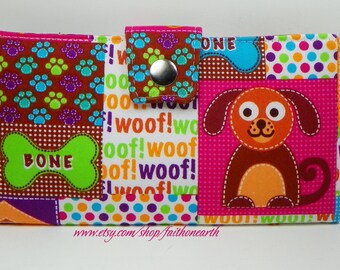 Sweet Puppy dog Handmade Long Wallet  BiFold Clutch -  PAWS AND BONES or half size unisex walletgifts under 50